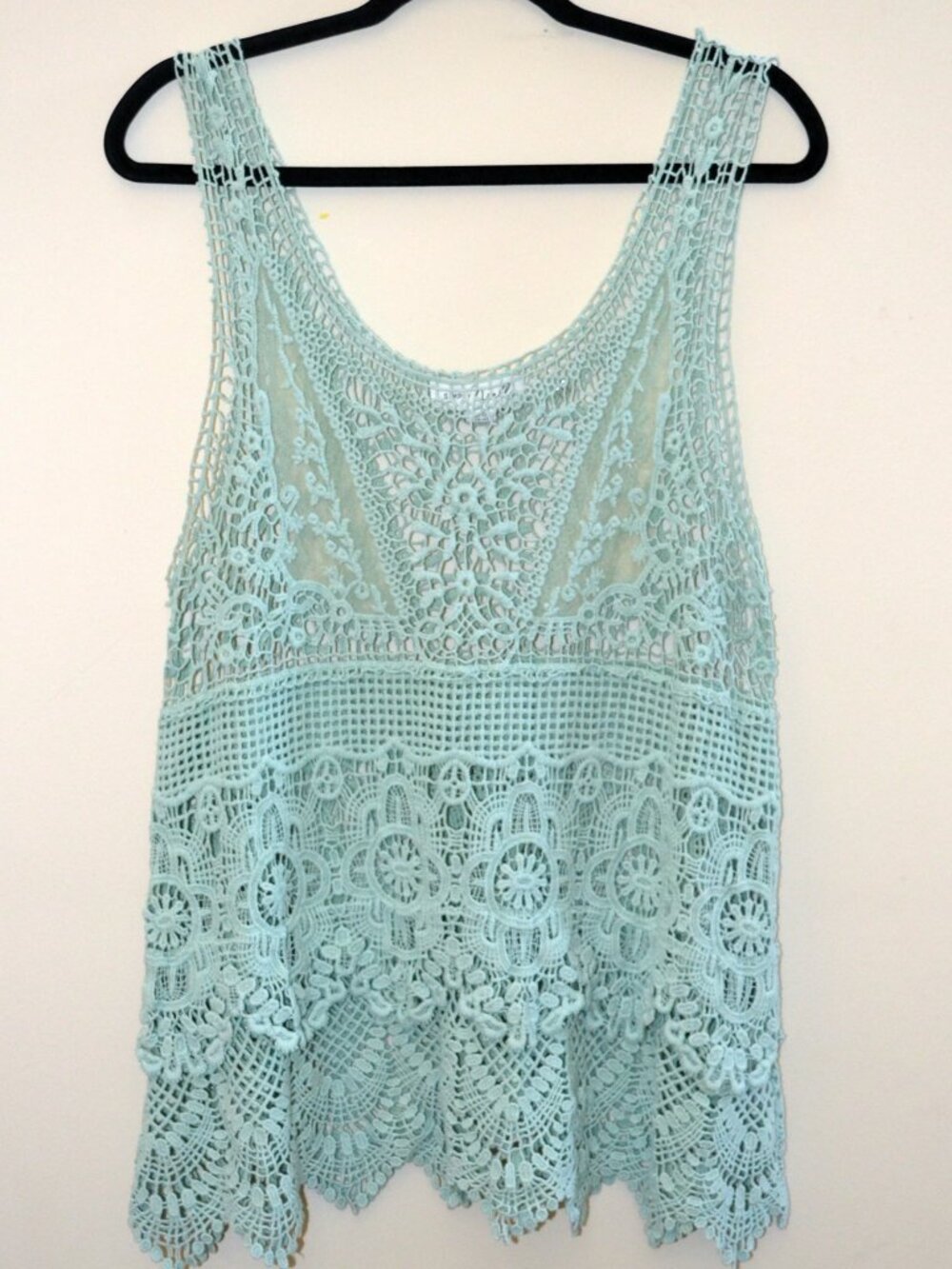 Lace Boho Mint Blue Green Tunic Tank Simply Noelle Intricate Sheer L/XL (12)